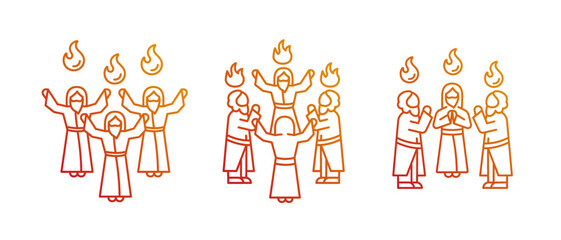 Pentecost sunday gradient linear vector icons set. Religious holiday. Early christianity. Tongues of holy fire. Thin line contour symbol designs bundle. Isolated outline illustrations collection