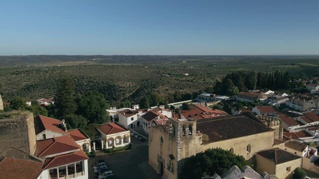 Aerial view of Alentejo countryside Moura city, rural tourism destination region, Portugal.