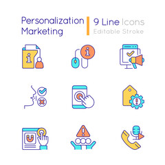 Personalization marketing RGB color icons set. Digital tools. Customer engagement. Isolated vector illustrations. Simple filled line drawings collection. Editable stroke. Quicksand-Light font used