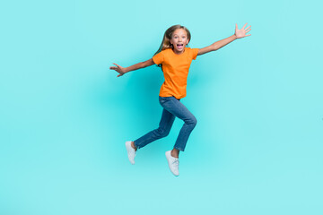 Full body size photo of blonde hair charming little cute lady wear stylish clothes celebrate low price season sale isolated on aquamarine color background