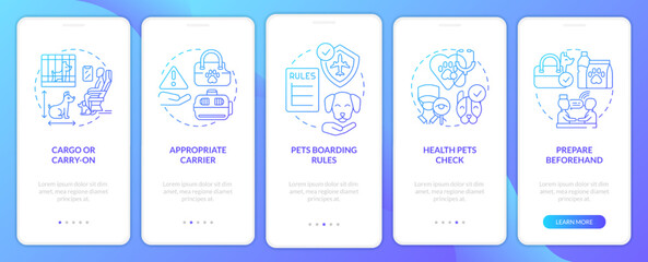 Travel with pets onboarding blue gradient mobile app screen. Move abroad safety walkthrough 5 steps graphic instructions with linear concepts. UI, UX, GUI template. Myriad Pro-Bold, Regular fonts used