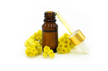 Helichrysum immortelle essential oil of dropper bottle on white background (helichrysum italicum)