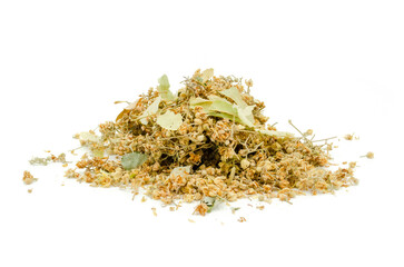 Dried linden flower blossoms and leaves in a white background.