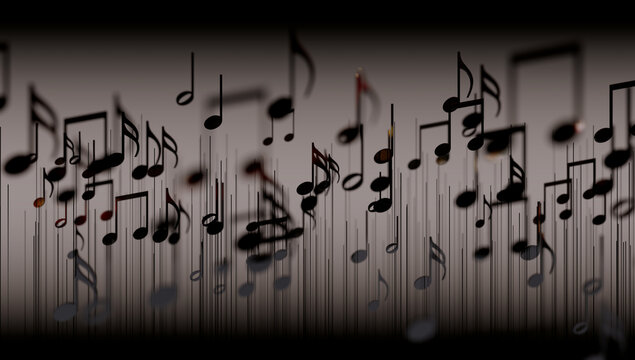 Diseño de fondos musicales. Escritura musical. Ilustración 3d de notas musicales y signos musicales de la partitura. Canciones y concepto de melodía.