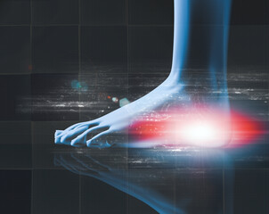 Fondo de rayos X del cuerpo humano y dolor articular. Imagen médica y tratamientos médicos. Concepto de analgésicos y dolor muscular e inflamación de pies y talón.