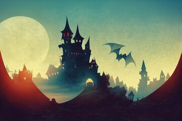 Creepy castle on rock at night, haunted gothic palace in mountains, building with pointed tower roofs, glowing windows and bats flying in dark sky. fantasy dracula home, cartoon illustration - obrazy, fototapety, plakaty