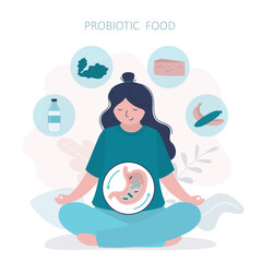 Woman eats foods containing large amount of probiotics. Dairy products, fruits help stomach work