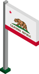 California US state flag on flagpole in isometric dimension.