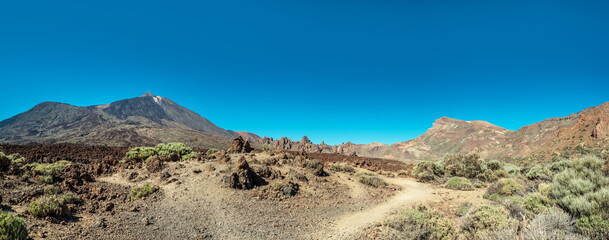 Fototapeta na wymiar Unique landscape of Teide National Park and view of Teide Volcano peak. Tenerife Island.