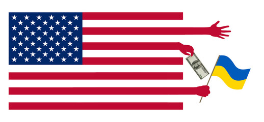 A helping hand is extended toward Ukraine and another holds the flag of Ukraine and a one hundred dollar bill.This is a 3-d illustration on a transparent background.