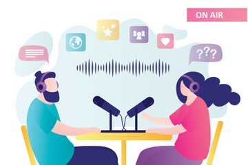 Two bloggers speaks into microphones. Stream, live on radio, workplace. Speakers closeup. Online communication , podcast concept. Interview, online talking.  Audio recording,