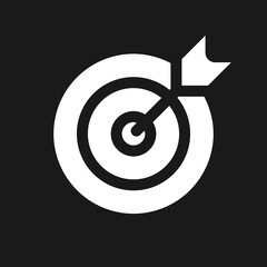 Reaching target pixel dark mode glyph ui icon. Business success. User interface design. White silhouette symbol on black space. Solid pictogram for web, mobile. Vector isolated illustration