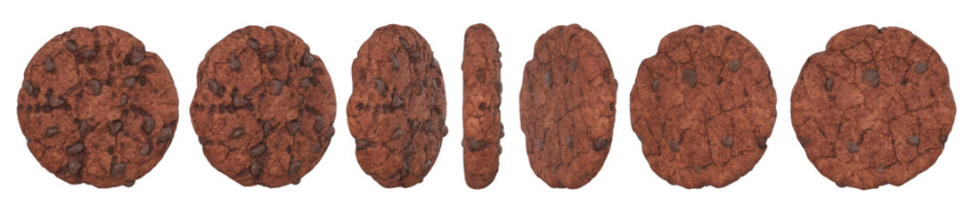 Collection of rotation chocolate cookies with chocolate chips on a white background, 3d render