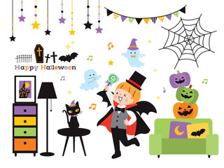 ハロウィンパーティの準備とドラキュラの仮装をした男の子