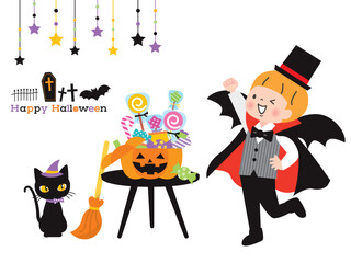 ハロウィンの仮装をす元気な男の子と沢山のお菓子