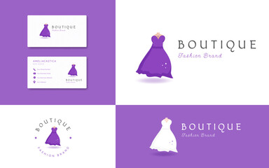 Dress boutique fashion logo with business card design template vector illustrations