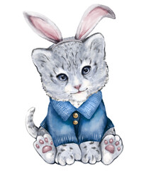 Fototapeta na wymiar Cute snow leopard in a blue knit sweater with bunny ears on his head new year, hand-painted watercolor illustration; can be used for children's plays or children's posters; on a transparent insulated 