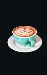Espresso coffe - blue cup picture in black background with heart art mixed with milk. Barista coffe art with latte milk on top. Delicious espresso latte coffe wallpaper.