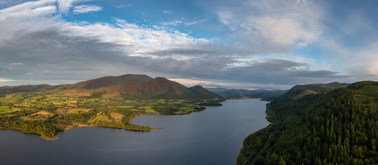 aerial view of Bassenthwaite Lake in the English Lake District in warm eveing light