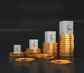 Metal safes and stacks of gold coins, growth concept, 3d render