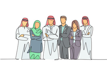 One continuous line drawing group of young muslim and multi ethnic businesspeople line up neatly. Islamic clothing shemag, kandura, scarf, hijab and suit. Single line draw design vector illustration