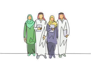 One continuous line drawing of young happy muslim workers walking together at office alley building. Islamic clothing shemag, kandura, keffiyeh, hijab. Single line draw design vector illustration