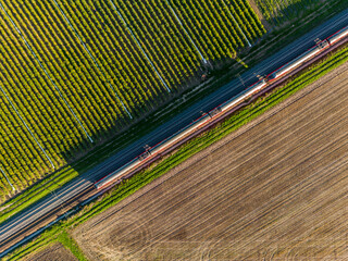 A local train between field and field seen directly from above with a drone as aerial shot