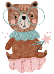 Cute watercolor brown boho rustic scandinavian hand drawn bear with floral wreath png childish illustration nursery art