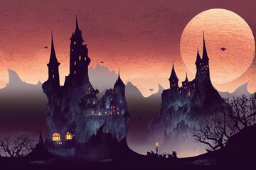 Creepy castle on rock at night, haunted gothic palace in mountains, building with pointed tower roofs, glowing windows and bats flying in dark sky. fantasy dracula home, cartoon illustration - obrazy, fototapety, plakaty