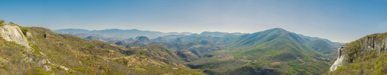 Fototapeta na wymiar Panoramic view of mountains in summer. Panoramic landscape of green mountain ranges in daylight. Travel and ecotourism concept.