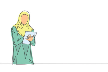 One continuous line drawing of young female muslim businesswoman analyzing company business progress from tablet screen. Islamic clothing hijab and veil. Single line draw design vector illustration