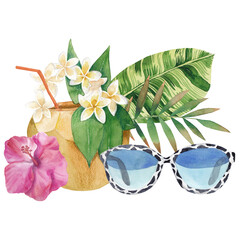 Watercolor hand drawn summer vacation composition with cocktail in coconut in hawaiian style with sunglasses, tropic leaves and flowers