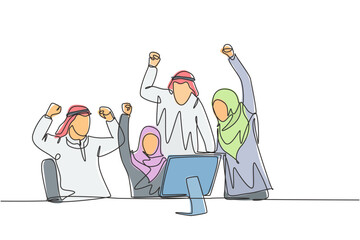 One continuous line drawing of young male and female muslim managers celebrate their target achievement. Islamic clothing shemag, hijab, scarf, keffiyeh. Single line draw design vector illustration