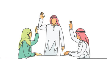Single continuous line drawing of young male and female muslim company founder vote to choose new company leader. Arab middle east cloth kandura, hijab, robe. One line draw design vector illustration