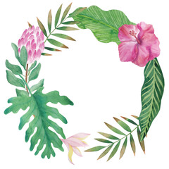 Watercolor hand drawn frame in hawaiian style with protea and hawaiian tropic flowers and leaves