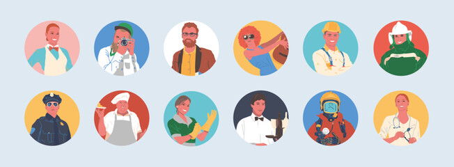 Set of portraits of people of different professions in round icons. Faces of male and female characters for social networks and web profiles. Cartoon vector illustration, isolated