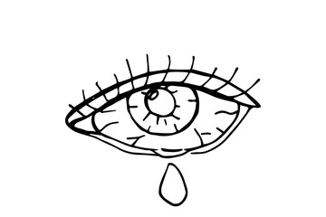 Human eye, tear. Cry. Vector stock illustration eps10. Outline, isolate on white background. Hand drawn.