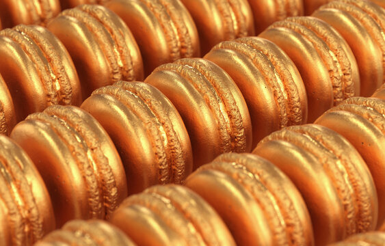 Many Gold Macaroons, Macaroon Background, 3d Render