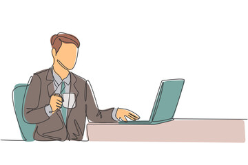 One single line drawing of young happy manager typing on a laptop keyboard while holding a cup of coffee on his hand. Drinking tea concept continuous line symbol draw design vector illustration