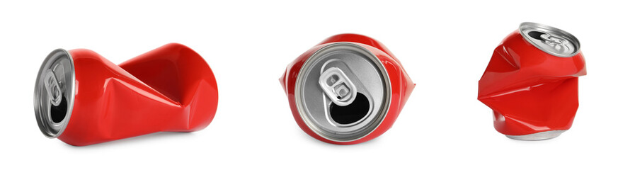 Set with crumpled cans on white background. Banner design