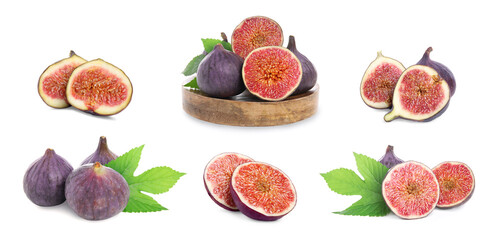 Set with tasty ripe whole and cut figs on white background. Banner design
