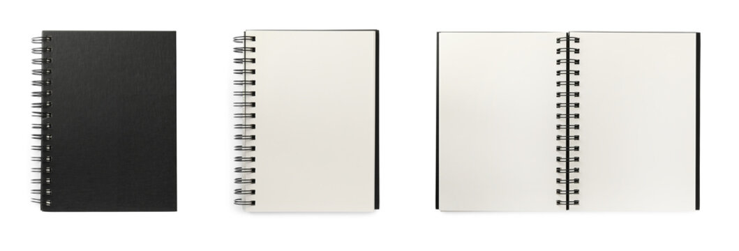 Set with black notebooks on white background, top view. Banner design