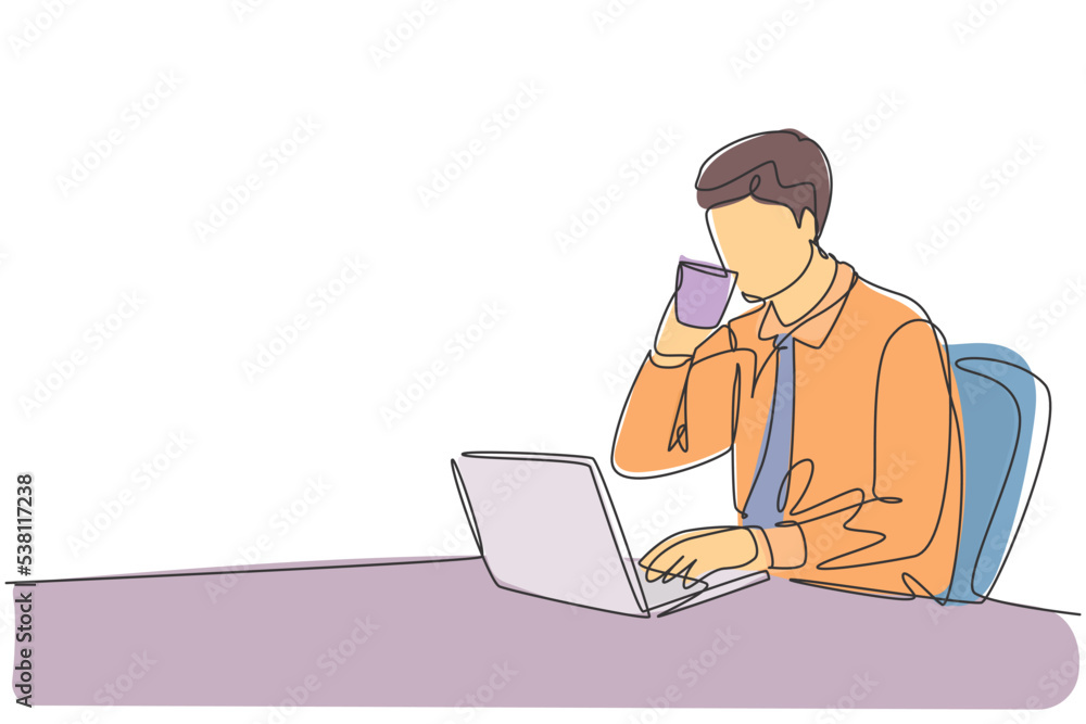 Poster single continuous line drawing of young happy manager checking report from team member while he enjo