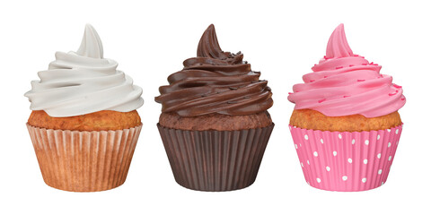 Set of cupcakes with cream white, chocolate, pink on a white background, 3d render