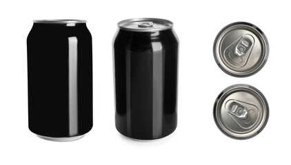 Set with aluminum beverage cans on white background