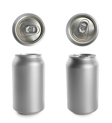 Set with aluminum beverage cans on white background