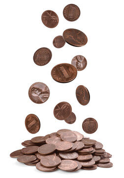 American Cent Coins Falling Into Pile On White Background