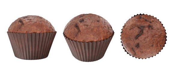 Set of cakes chocolate muffins from different angles front, side, top, 3d render