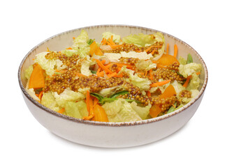 Delicious salad with Chinese cabbage and mustard seed dressing isolated on white