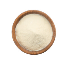 Wooden bowl of agar-agar powder isolated on white, top view